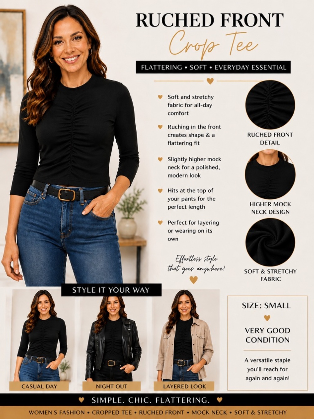 Express Black Ruched Front Mock Neck Top Size S